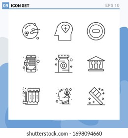 Pack of 9 creative Outlines of bank; pharmacy; minus; medication; mobile Editable Vector Design Elements