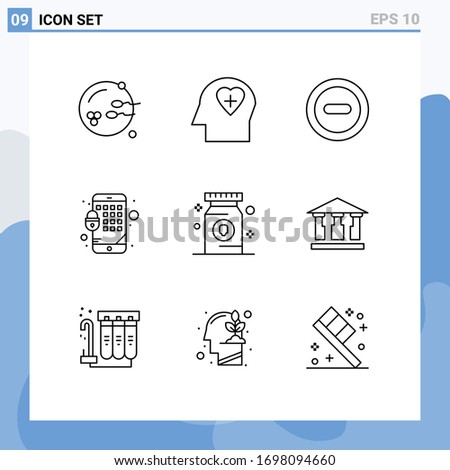 Pack of 9 creative Outlines of bank; pharmacy; minus; medication; mobile Editable Vector Design Elements