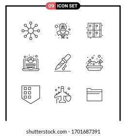 Pack of 9 creative Outlines of food; medical; education; drouper; login Editable Vector Design Elements