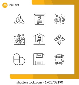 Pack of 9 creative Outlines of home; spaceship; promotion; entrepreneur; business Editable Vector Design Elements