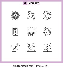 Pack of 9 creative Outlines of india; flower; global; lover; mobile Editable Vector Design Elements