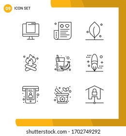 Pack of 9 creative Outlines of nature; fire; expense; camping; nature Editable Vector Design Elements
