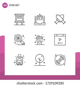 Paquete de 9 líneas de seguimiento creativas de impuestos; auditoría; portátil; investigación; elementos de diseño de vectores editables de placa