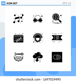 Pack of 9 creative Solid Glyphs of gear; cutter; notification; blades; year Editable Vector Design Elements