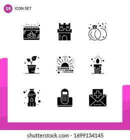 Pack of 9 creative Solid Glyphs of discount; spring; sandcastle; ecology; rings Editable Vector Design Elements