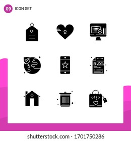 Pack of 9 creative Solid Glyphs of award; protection; like; insurance; calender Editable Vector Design Elements