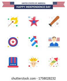 Pack of 9 creative USA Independence Day related Flats of fire; sign; ball; star; usa Editable USA Day Vector Design Elements