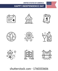 Pack of 9 creative USA Independence Day related Lines of police; eagle; thanksgiving; celebration; american Editable USA Day Vector Design Elements