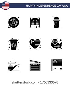 Pack of 9 creative USA Independence Day related Solid Glyphs of country; drink; entrance; cola; states Editable USA Day Vector Design Elements