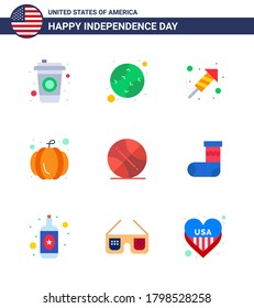 Pack of 9 creative USA Independence Day related Flats of usa; ball; religion; backetball; pumpkin Editable USA Day Vector Design Elements