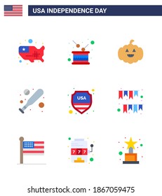 Pack of 9 kreative USA Independence Day verwandte Flats of sign; Sicherheit; Unabhängigkeit; Hardball; baseball Editorial USA Day Vector Design Elements