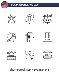 Pack of 9 creative USA Independence Day related Lines of hat; office; shield; building; sports Editable USA Day Vector Design Elements