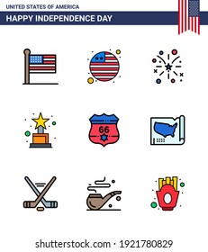 Pack of 9 creative USA Independence Day related Flat Filled Lines of security; shield; fire; american; award Editable USA Day Vector Design Elements