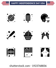 Pack of 9 creative USA Independence Day related Solid Glyphs of cake; muffin; american; american; bat Editable USA Day Vector Design Elements