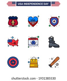 Pack of 9 creative USA Independence Day related Flat Filled Lines of calendar; usa; shield; united; map Editable USA Day Vector Design Elements