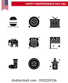 Pack of 9 creative USA Independence Day related Solid Glyphs of investigating; usa; drum; american; st Editable USA Day Vector Design Elements