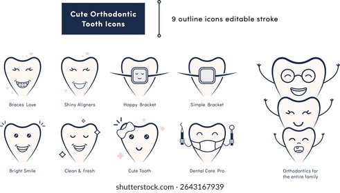 Pack of 9 cute dental icons, perfect for orthodontics, oral care, children, families, hygiene, and dental clinics. EPS format may outline strokes—contact me for fully editable outlines.
