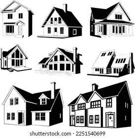 Envase de 9 fachadas diferentes. Sencillas imágenes vectoriales en blanco y negro. Para logotipos, etiquetas, iconos, libros.