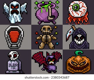 Paquete 9 Iconos de horror de Halloween, arte de píxeles,Paquete de Halloween Vectorizado,Horror de 8 bits