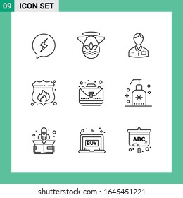Paket mit 9 Line Style Icon Set. Umrisssymbole für den Druck. Kreative Zeichen einzeln auf weißem Hintergrund. 9 Symbolsatz.