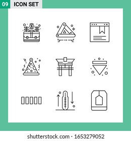 Paquete de 9 iconos de estilo de línea. Símbolos de esquema para impresión. Carteles creativos aislados en fondo blanco.9 Conjunto de iconos.