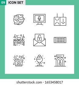 Paquete de 9 iconos de estilo de línea. Símbolos de esquema para impresión. Carteles creativos aislados en fondo blanco.9 Conjunto de iconos.