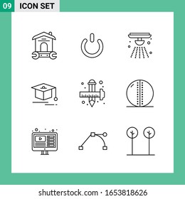Paquete de 9 iconos de estilo de línea. Símbolos de esquema para impresión. Carteles creativos aislados en fondo blanco.9 Conjunto de iconos.