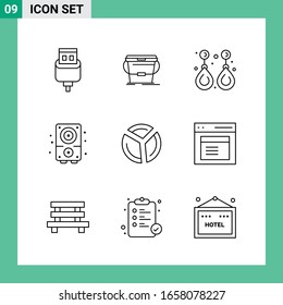 Paquete de 9 iconos de estilo de línea. Símbolos de esquema para impresión. Carteles creativos aislados en fondo blanco.9 Conjunto de iconos.
