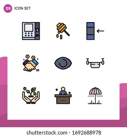 Paquete de 9 modernos símbolos y símbolos de color plano de línea plana para medios de impresión web, como la visión; cara; importación; ojo; elementos de diseño de vectores editables de ventas
