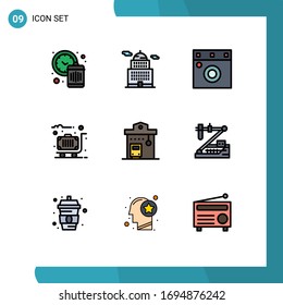 Pack of 9 Modern Filledline Flat Colors Signs and Symbols for Web Print Media such as road integration; bus; furniture; case; suitcase Editable Vector Design Elements