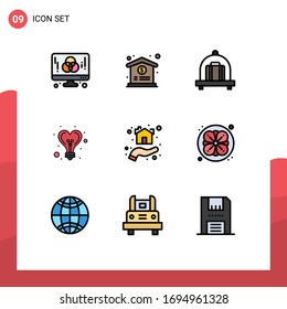 Pack of 9 Modern Filledline Flat Colors Signs and Symbols for Web Print Media such as house; hand; baggage; giving; light Editable Vector Design Elements