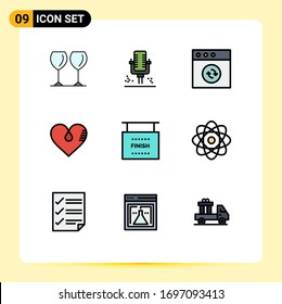 Pack of 9 Modern Filledline Flat Colors Signs and Symbols for Web Print Media such as finish; gift; app; favorite; love Editable Vector Design Elements