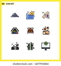 Pack of 9 Modern Filledline Flat Colors Signs and Symbols for Web Print Media such as play; sport; awareness; snooker; health Editable Vector Design Elements