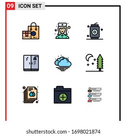Paket mit 9 modernen Flachfarben Zeichen und Symbole für Web-Printmedien, z. B. warm; Dusche; Krankenschwester; Klempnerei; Design-Elemente für die Vektorillustration von Lebensmitteln