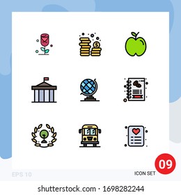 Pack of 9 Modern Filledline Flat Colors Signs and Symbols for Web Print Media such as geography; greece; education; court; citadel Editable Vector Design Elements