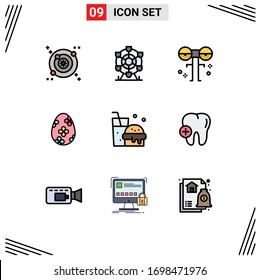 Pack of 9 Modern Filledline Flat Colors Signs and Symbols for Web Print Media such as fast food; egg; eyed; easter egg; decoration Editable Vector Design Elements