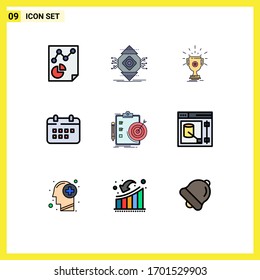 Pack of 9 Modern Filledline Flat Colors Signs and Symbols for Web Print Media such as appointment; schedule; concept; calendar; win Editable Vector Design Elements