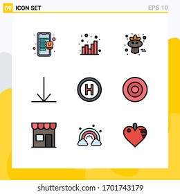 Paquete de 9 modernos símbolos y símbolos de color plano de línea plana para medios de impresión en la Web, como el oro; signo; otoño; hospital; elementos de diseño de vectores editables de flecha