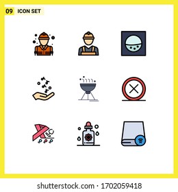 Pack of 9 Modern Filledline Flat Colors Signs and Symbols for Web Print Media such as food; cooking bbq; machine; rock and roll; music Editable Vector Design Elements