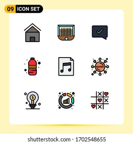 Pack of 9 Modern Filledline Flat Colors Signs and Symbols for Web Print Media such as drink; water; net; bottle; speech Editable Vector Design Elements