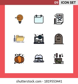 Paquete de 9 símbolos y símbolos modernos de color plano de línea rellena para medios de impresión web, como recursos; herramienta; fecha; carpeta; elementos de diseño de vectores editables por cohete