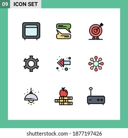 Paket mit 9 modernen Flachfarben und Symbolen für Web-Printmedien, z. B. für die Rückseite; Einstellung; Ziel; Fanggerät; Zieleditierbare Vectordesign-Elemente
