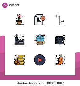 Paquete de 9 símbolos y símbolos modernos de color plano de línea rellena para medios de impresión web como en directo; en todo el mundo; flechas; fábrica verde; diseño de vectores editables de fabricación ecológica