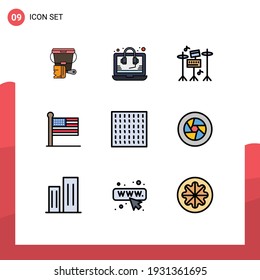 Pack of 9 Modern Filledline Flat Colors Signs and Symbols for Web Print Media such as weather; fog; drum; usa; states Editable Vector Design Elements