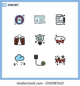 Pack of 9 Modern Filledline Flat Colors Signs and Symbols for Web Print Media such as digital; glass; software; wine; beer Editable Vector Design Elements