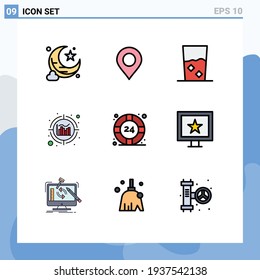 Paket mit 9 modernen Flachfarben und Symbolen für Web-Printmedien, z. B. Helpdesk; Lebenserwartung; Lebensmittel; Hilfe; datenbearbeitbare Vectordesign-Elemente