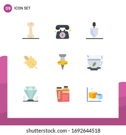 Pack of 9 Modern Flat Colors Signs and Symbols for Web Print Media such as marker; education; rake; spring; leaf Editable Vector Design Elements