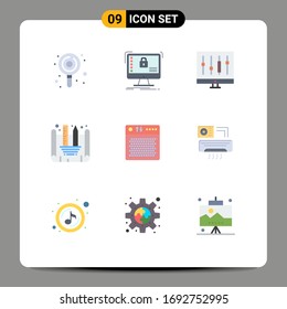 Pack of 9 Modern Flat Colors Signs and Symbols for Web Print Media such as amplifier; creating blueprint; data; blueprint designing; graph Editable Vector Design Elements