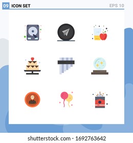 Pack of 9 Modern Flat Colors Signs and Symbols for Web Print Media such as flute; lover; apple; heart; juice Editable Vector Design Elements