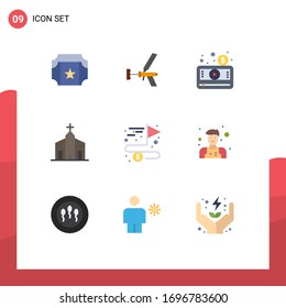 Pack of 9 Modern Flat Colors Signs and Symbols for Web Print Media such as church; building; tool; video; media player Editable Vector Design Elements